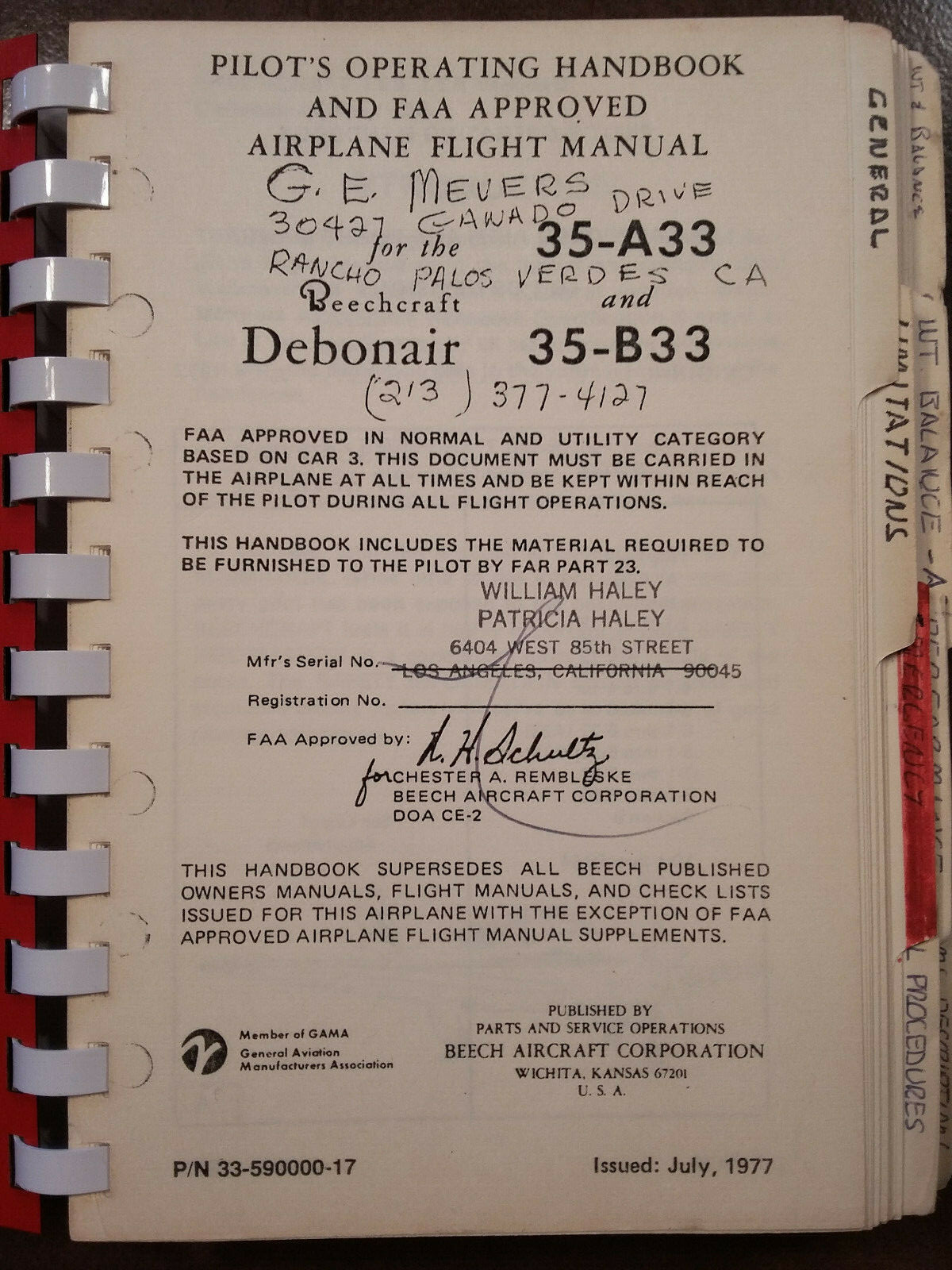 Beechcraft Debonair 35-A33 & 35-B33 Pilot's Operating Handbook