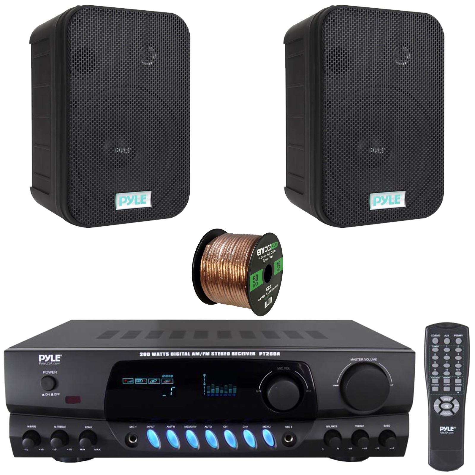 Pyle AM/FM Stereo Home Receiver, 2x 5.25" 400W Indoor/Outdoor Speakers, Wire