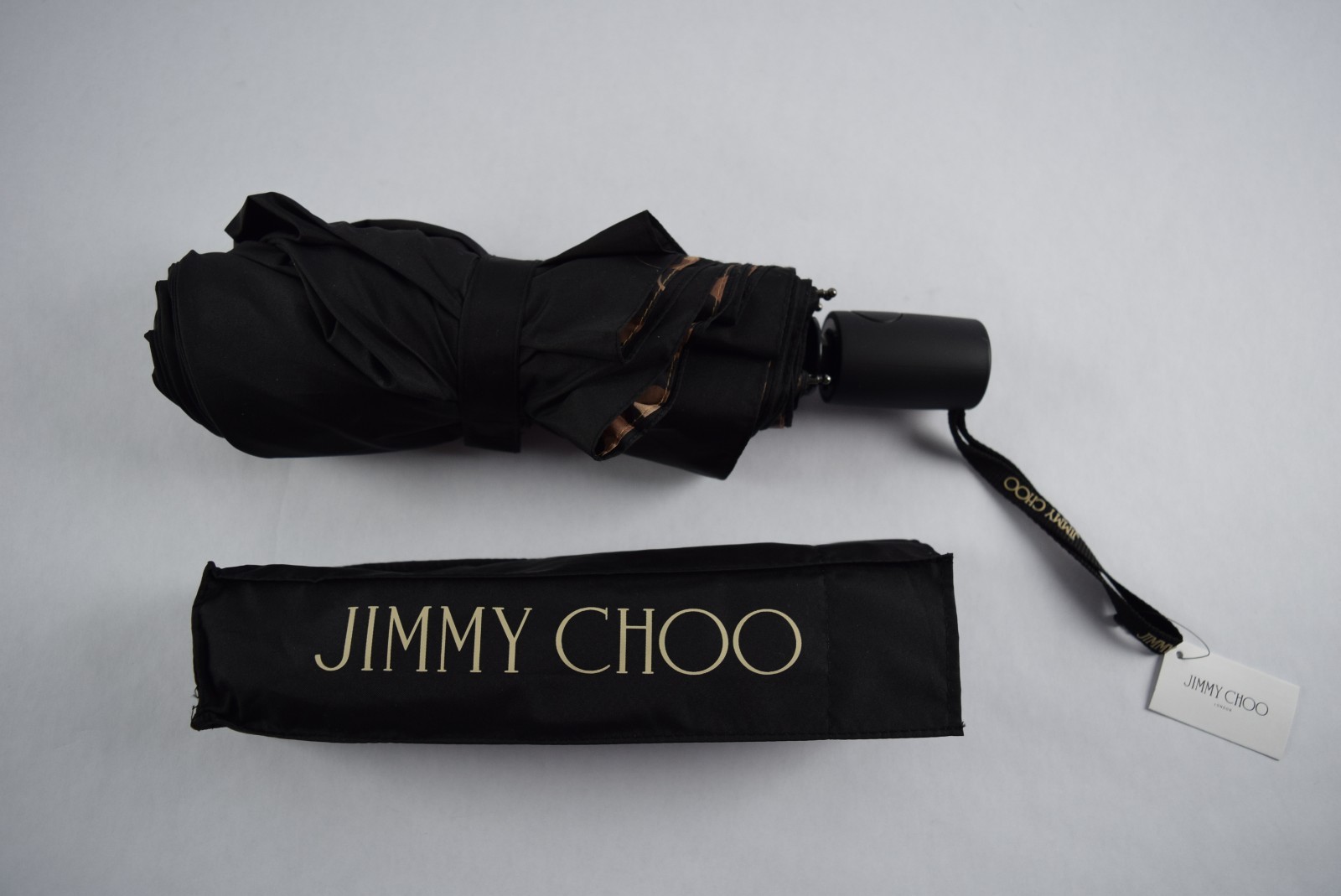 NEW Authentic Jimmy Choo Leopard Animal Print Black Umbrella with Cover Logo