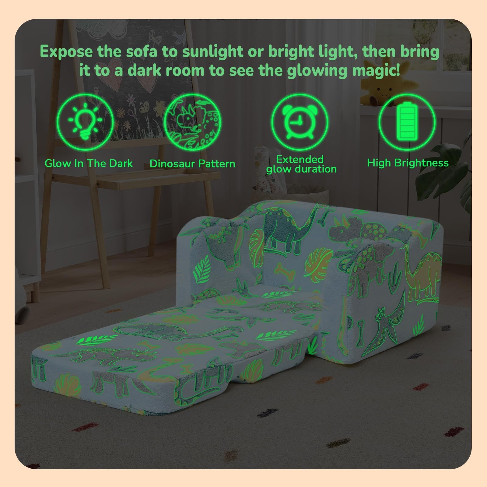 Glowing Dinosaur Kids Chair, 2-in-1 Convertible Kids Couch Fold Out to Lounge...
