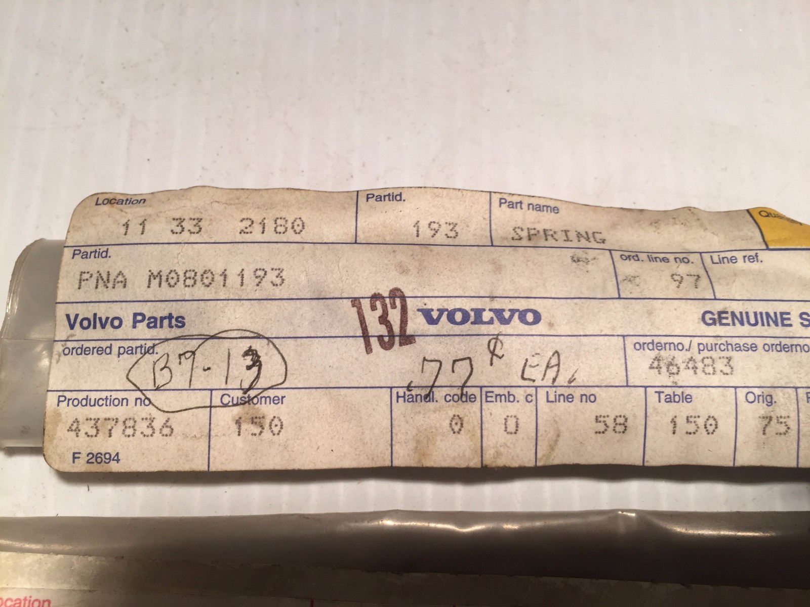 801193  VOLVO  SPRING - VME Michigan Clark Euclid  VOE 801193