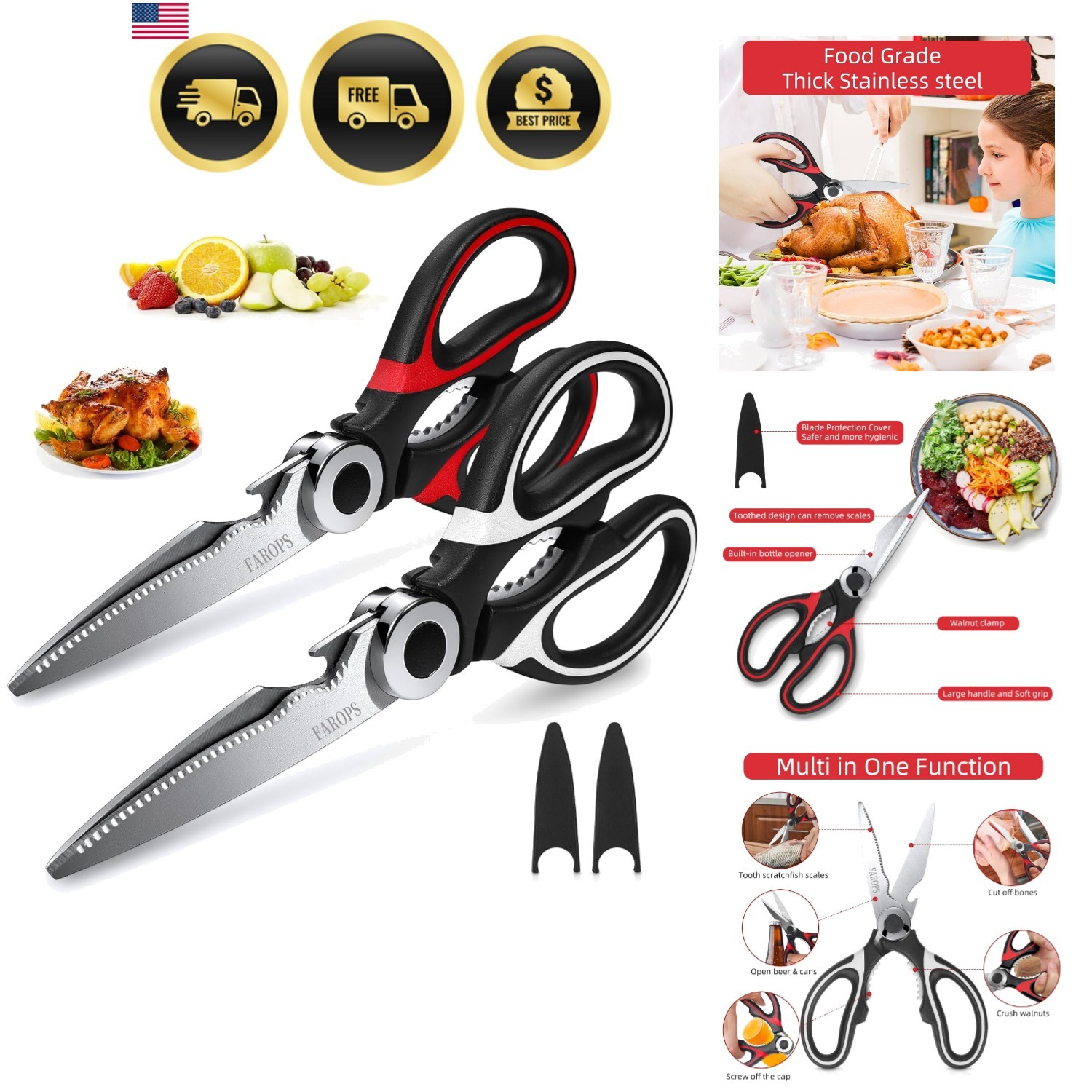 Heavy Duty Kitchen Scissors 2-Pack, Ultra Sharp Stainless Steel Meat Shears f...