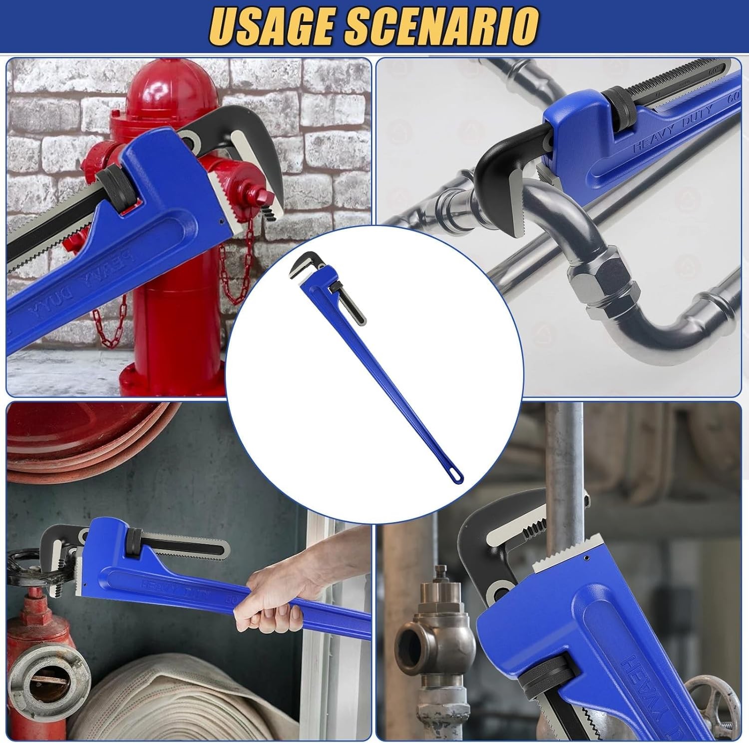 60 Inch Pipe Wrench, Jaw Opening Max 9", Adjustable Plumber Tool , Blue