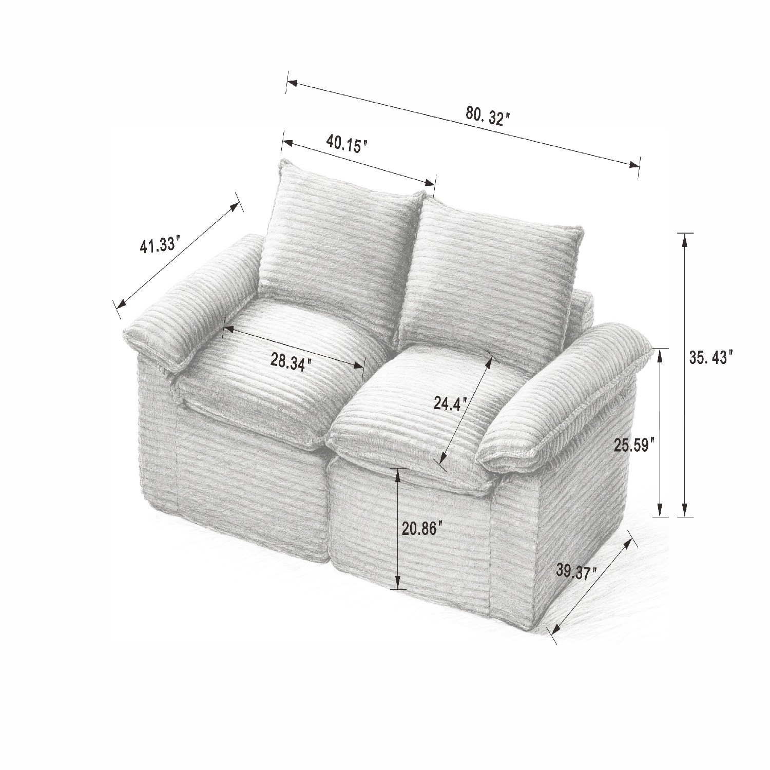 Modular Loveseat for Small Spaces Modern Corduroy 2 Seater Floor Sofa with Arms