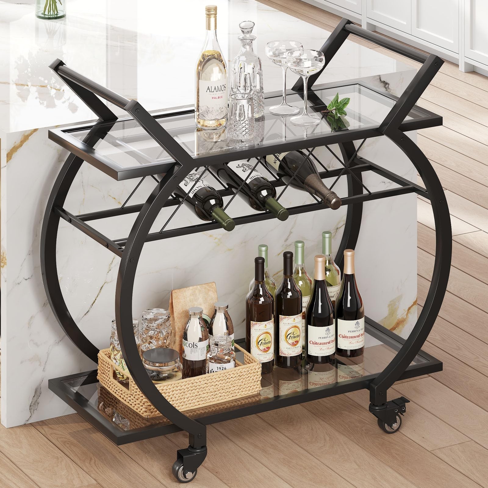 Bar Cart with Glass, Black Bar Cart with Wheels, Home Bar Serving Cart with 2...