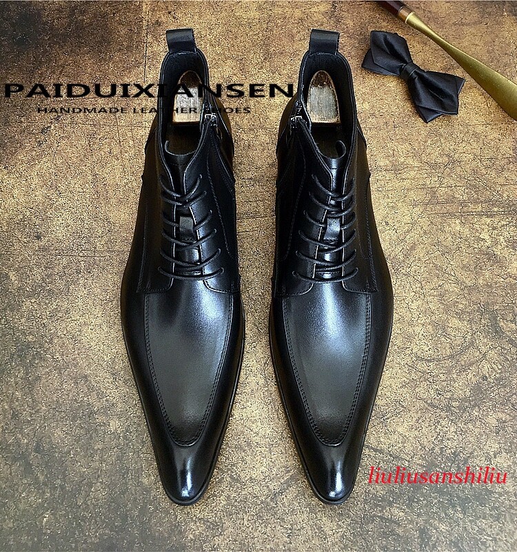 New British Mens Pointed Toe Japanese Cowhide Genuine Leather Formal Ankle Boots