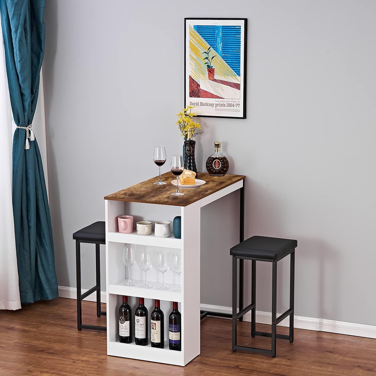 3 Piece Dining Table Set Kitchen Bar Table W/ Two Stool Storage Shelves Wood