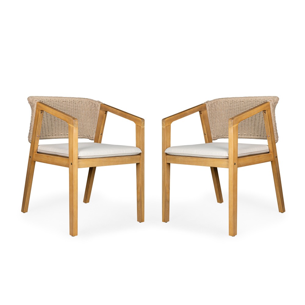 Dining Chair Set of 2 - Light Teak Acacia Wood, Patio Style with Rope Backrest