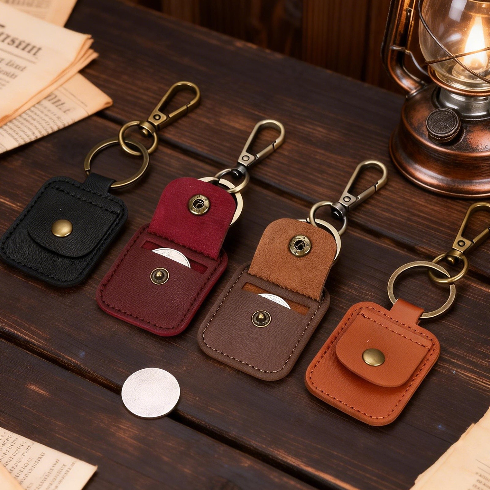 2 Pack Quarter Leather Keychain, PU Leather Key Ring Coin Case, Brown