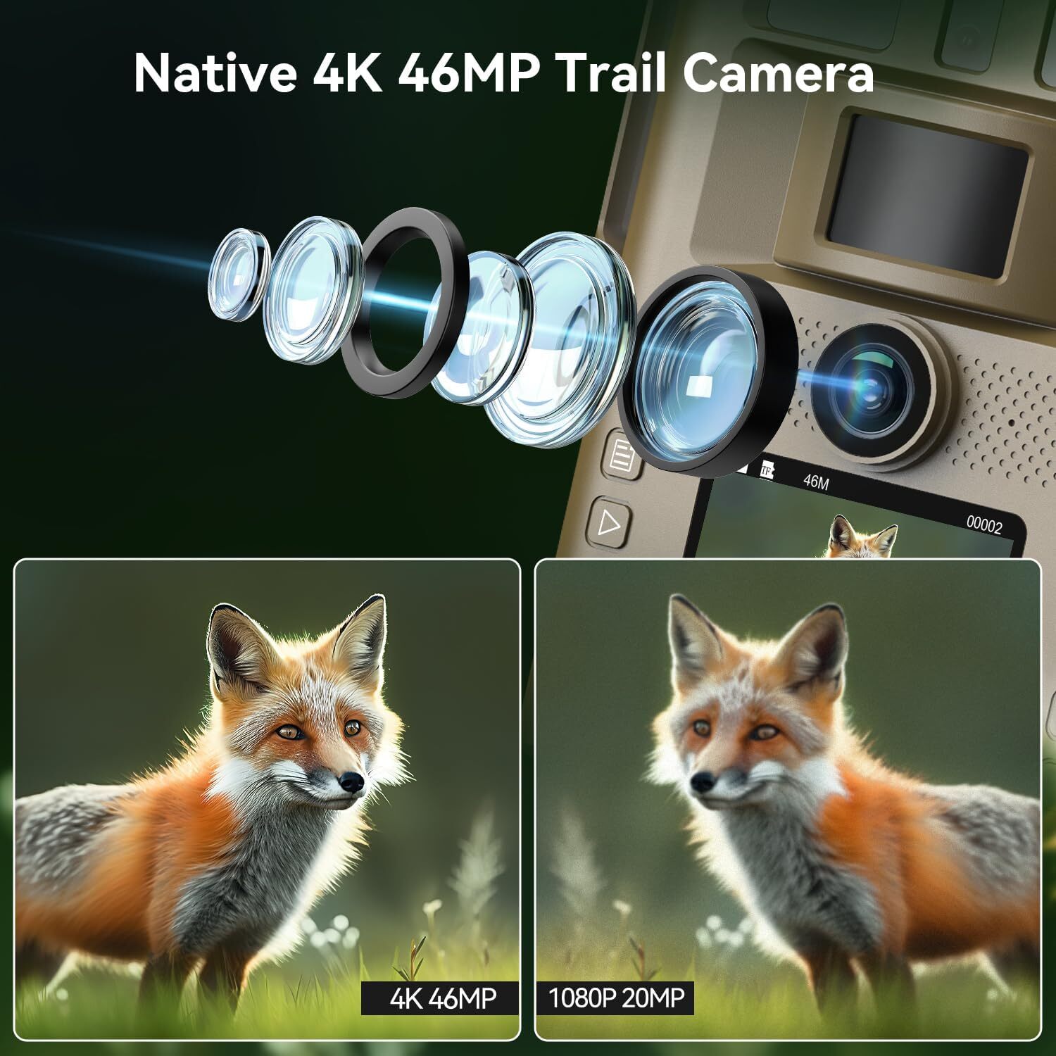 Trail Camera Solar Powered, 46MP 4K Game Wildlife Camera WIFI Night Vision