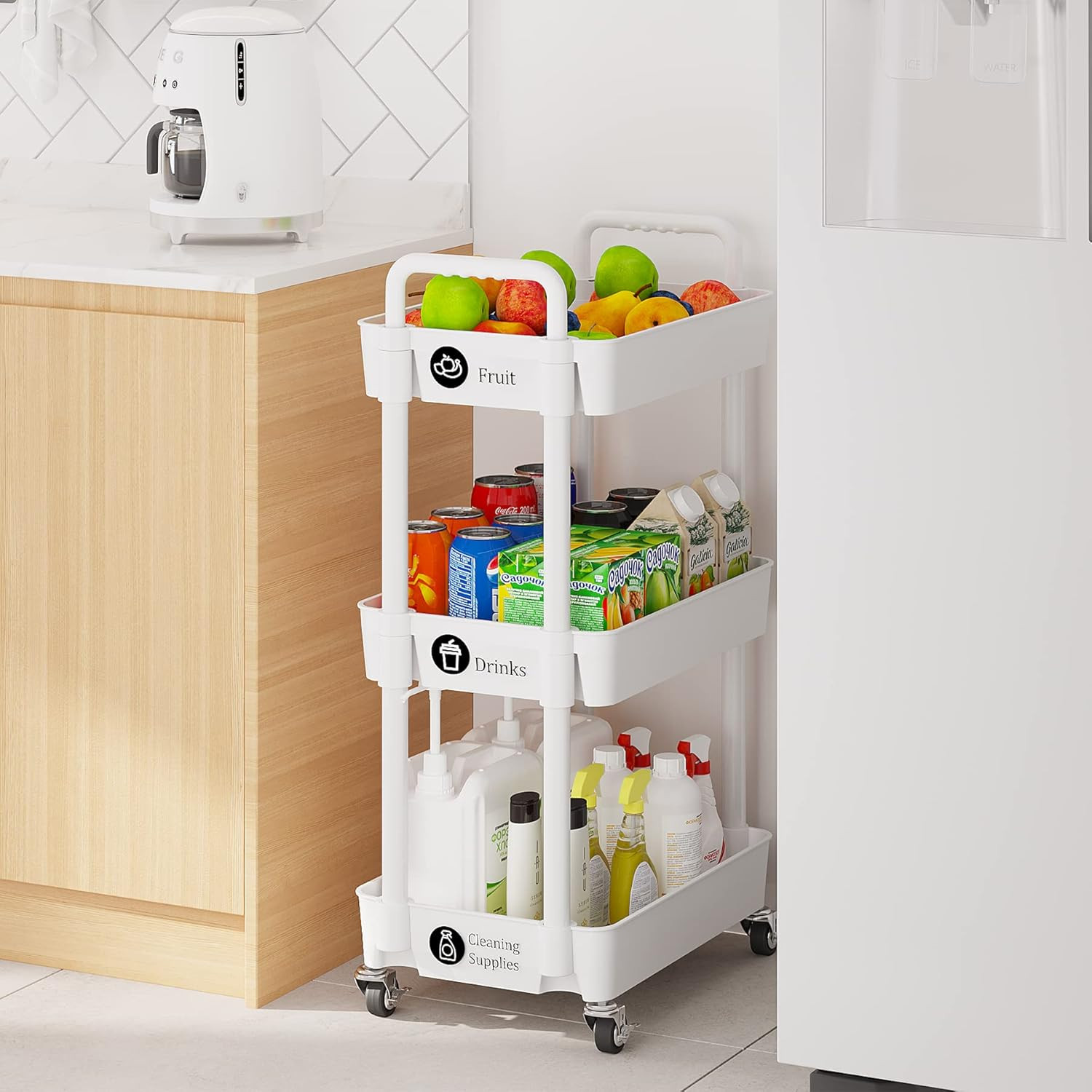 3-Tier Rolling Cart with Wheels,Multifunction Utility Storage Carts, Kitchen Sto