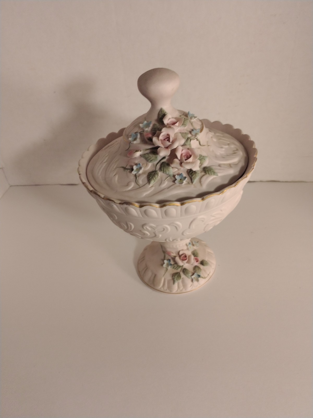 Lefton China Hand-Painted Pink Bisque Compote with Lid Footed Floral Design