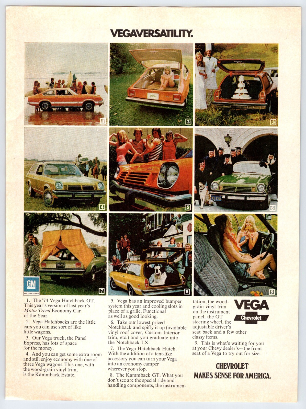 1974 CHEVROLET VEGA CAR AUTOMOBILE Vintage 8"X10.75" Magazine Ad 1970's M405