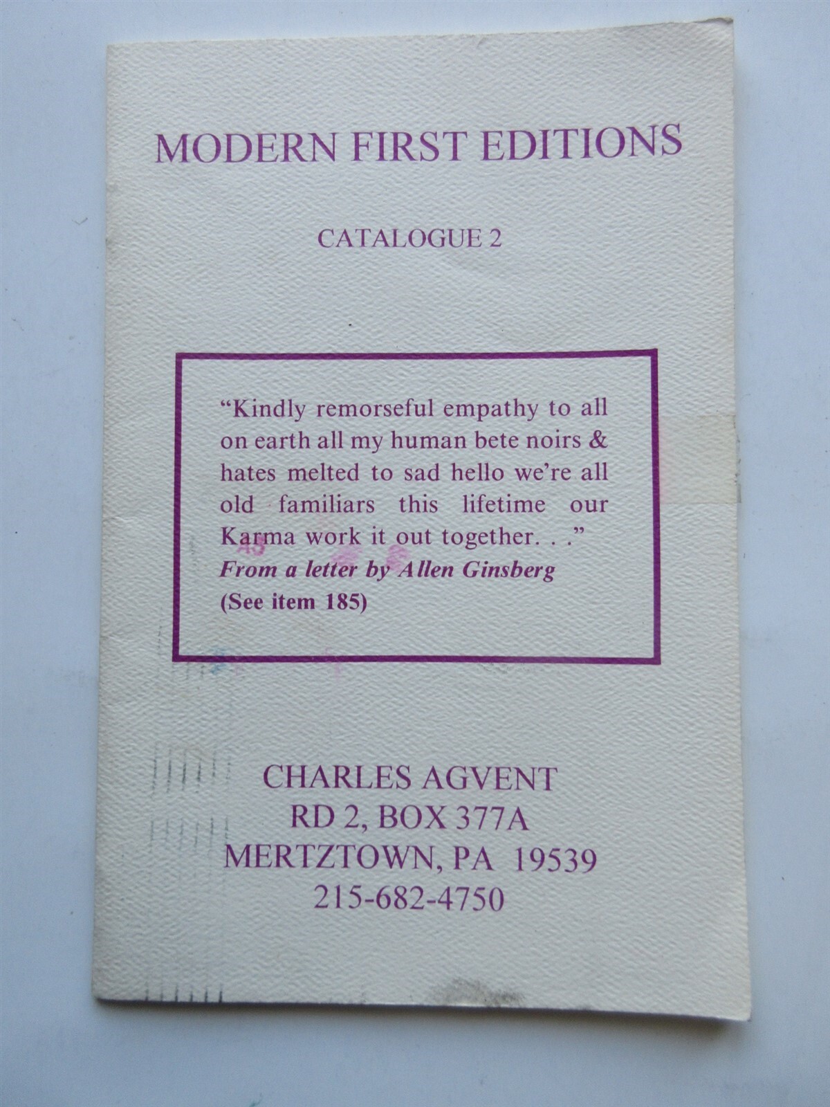 Charles Agvent Books Catalogue #2 Booksellers Modern First Editions Mertztown PA