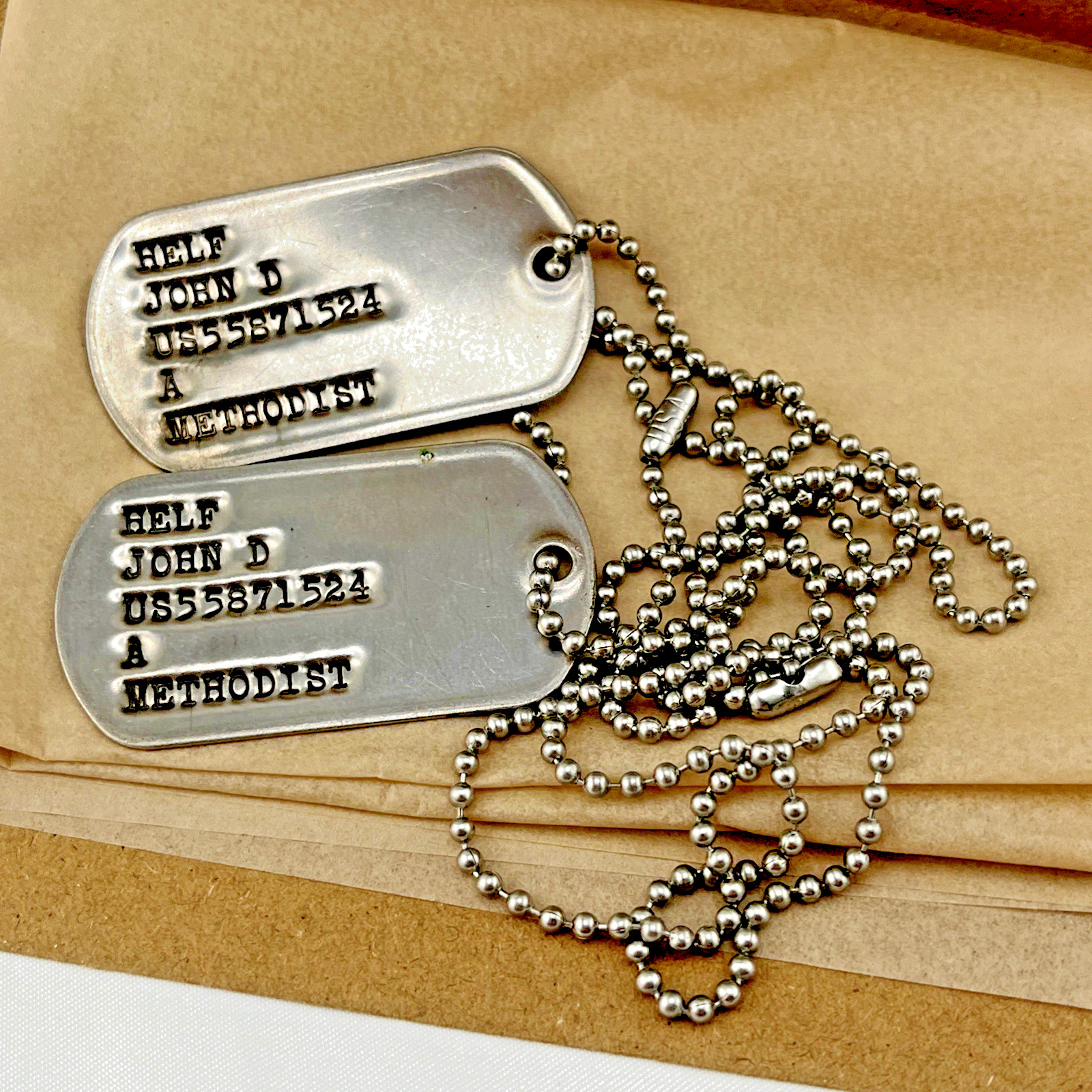 Vietnam War - "Hand Aged" Relic Dog Tag Set - Hand Stamped in USA - Metal Aged