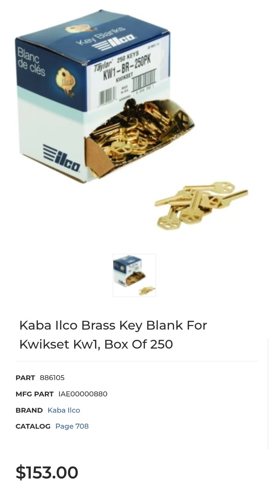 KWIKSET KEY BLANKS - (250 Pack) KW1-BR-250PK
