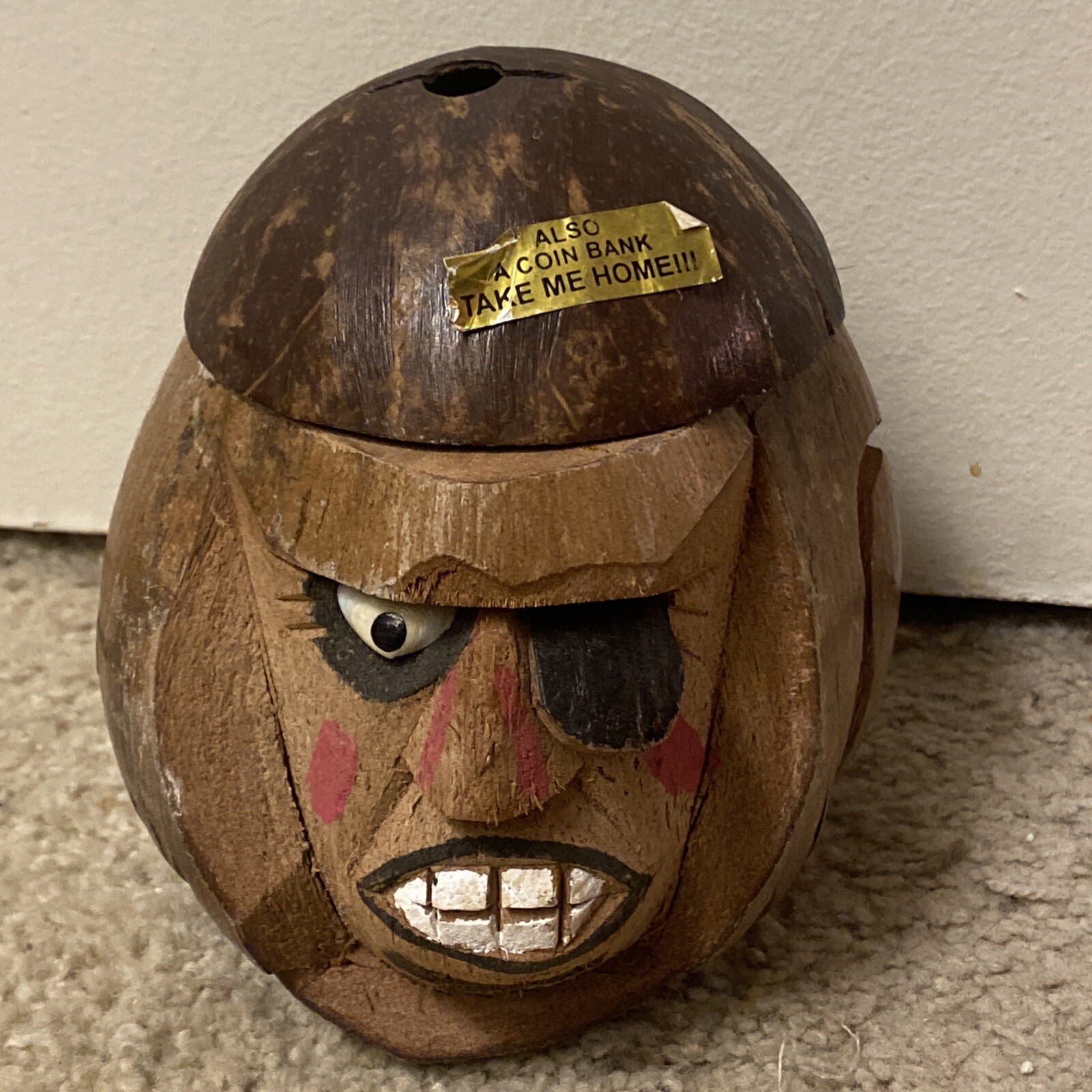 Pirate Coconut Coin Bank Box with lid 6.5” H x 6” W From Hawaii