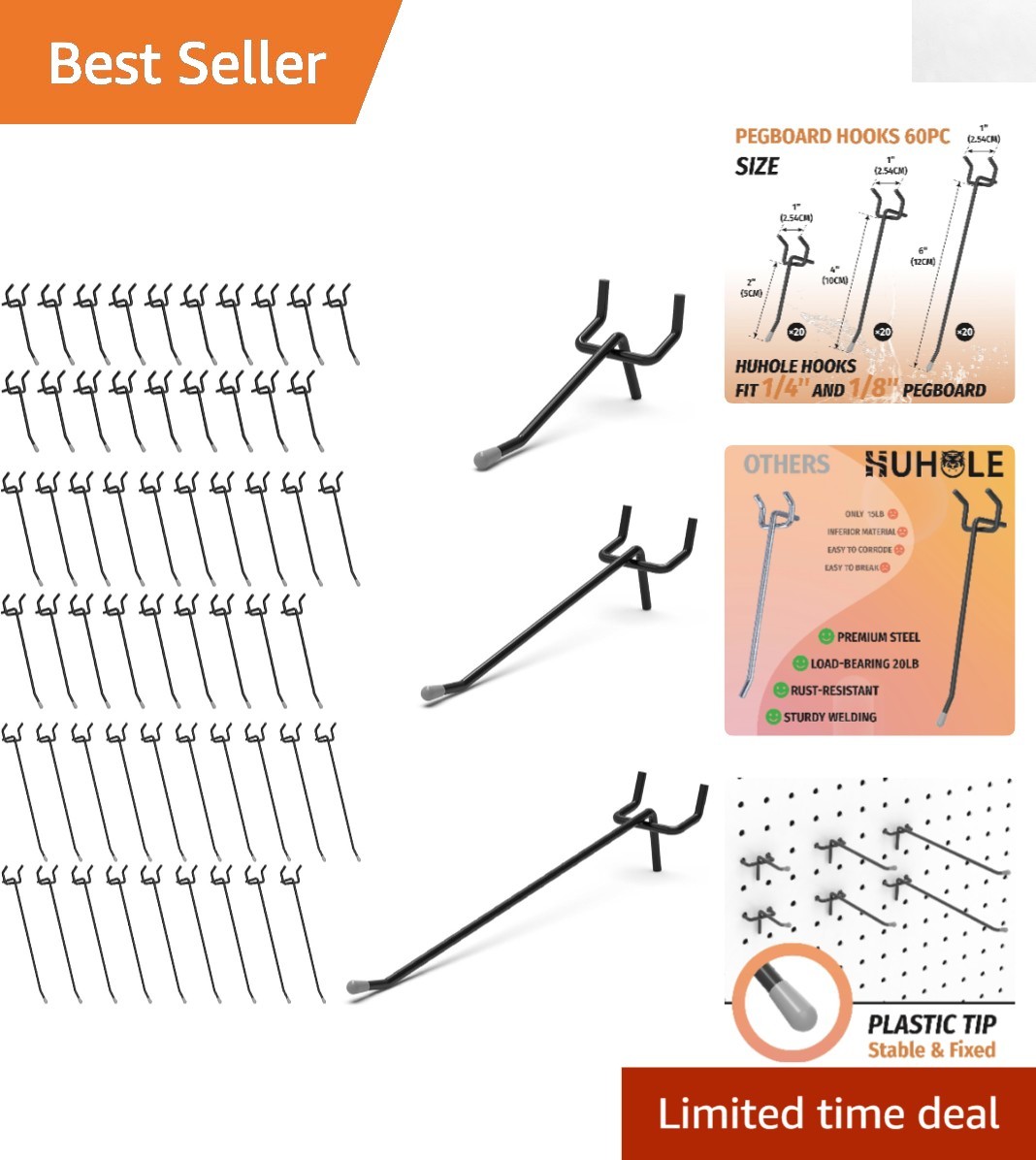 Heavy-Duty 60PC Black Pegboard Hooks with Universal Fit for Secure Storage