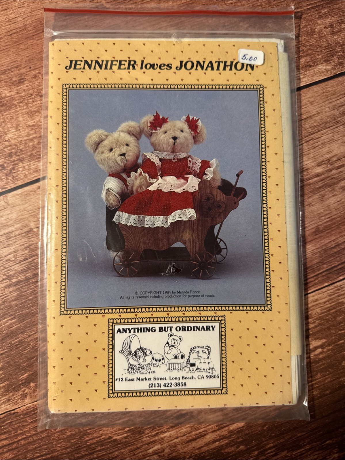 New Uncut 1984 Vintage Anything But Ordinary JENNIFER LOVES JONATHON BearPattern