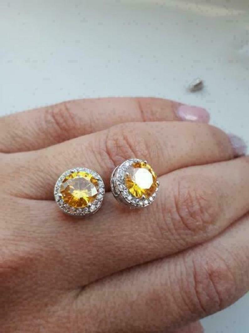 3.00 Ct Round Cut Lab-Created Yellow Citrine Stud Earrings 14K White Gold Plated