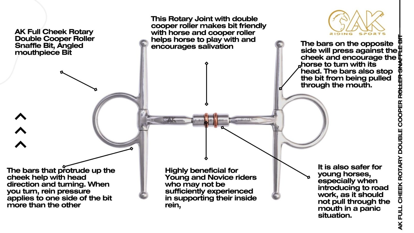 AK Full Cheek Rotary Double Cooper Roller Snaffle Horse Riding Bit