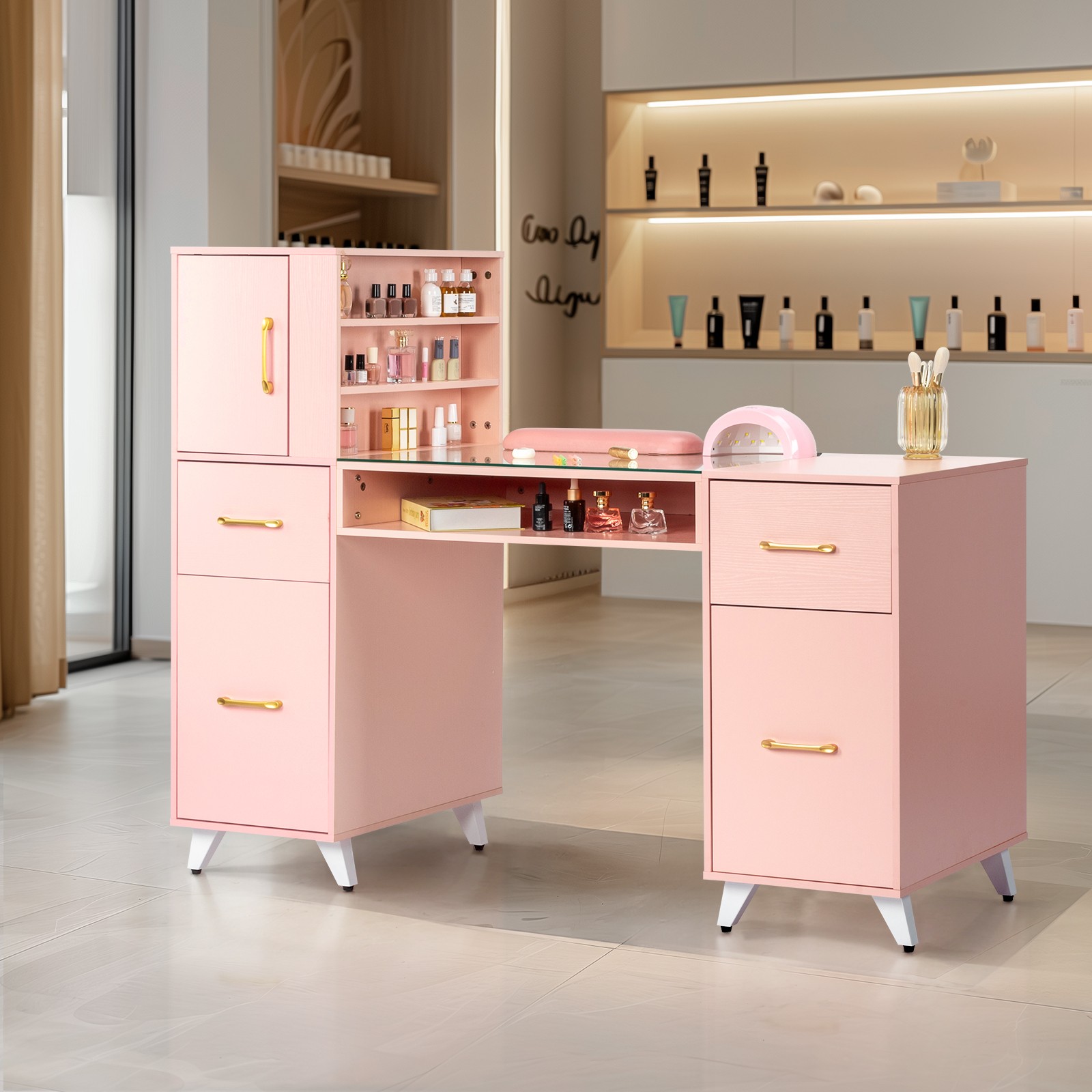 Pink Relief Nail Table w/ 3 Doors & 2 Drawers, Particle Board & Tempered Glass