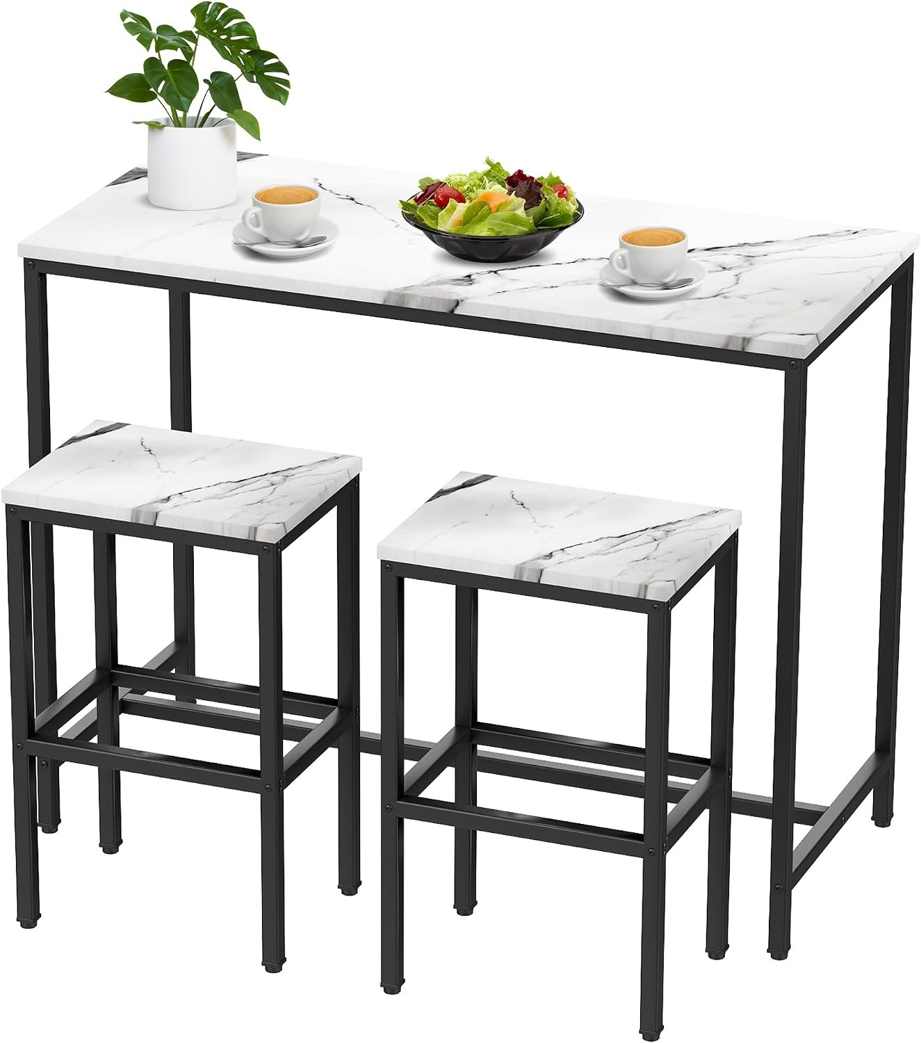 Bar Table Set,44" White Faux Marble  Bar Table and Chairs Set,Counter Height