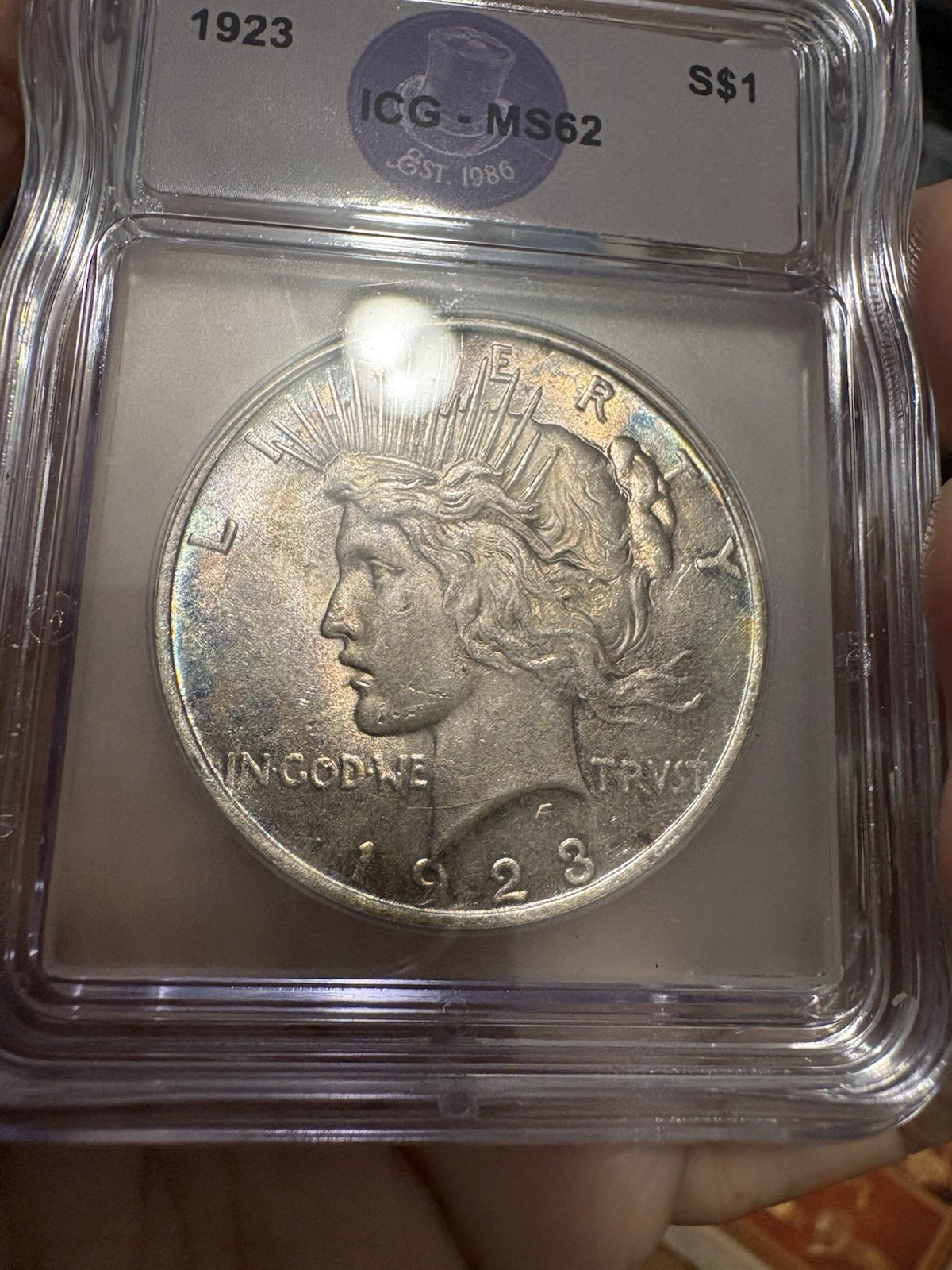 1923-P Peace Silver Dollar ICG MS62 - Beautiful Colorful Crescent Rim Toning
