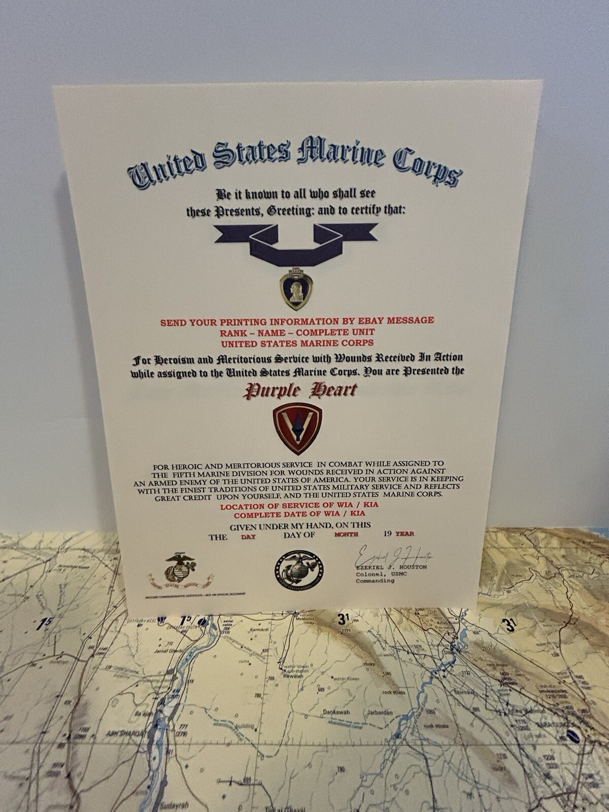 U.S.M.C. / P.H. MEDAL COMMEMORATIVE CERTIFICATE - 5TH MARINE DIVISION