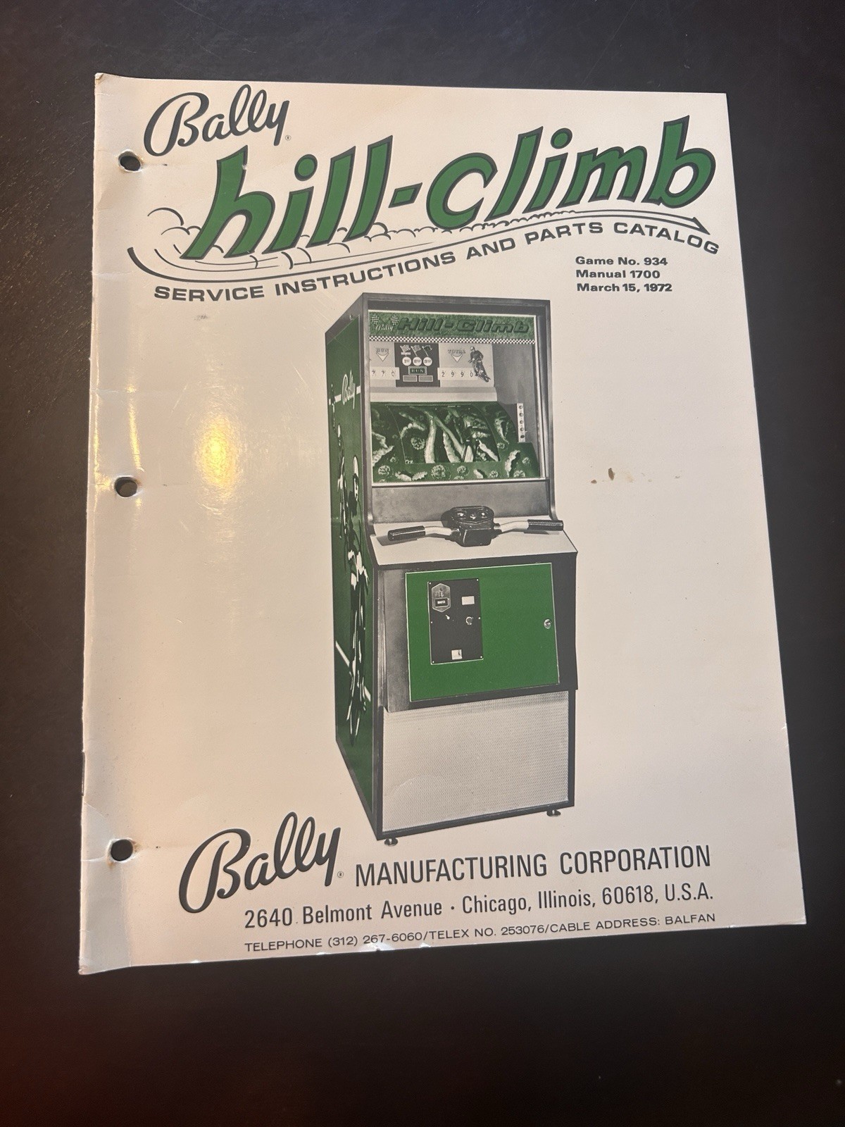 1972 Bally Hill-Climb Arcade Service Intstructions Parts Catalog