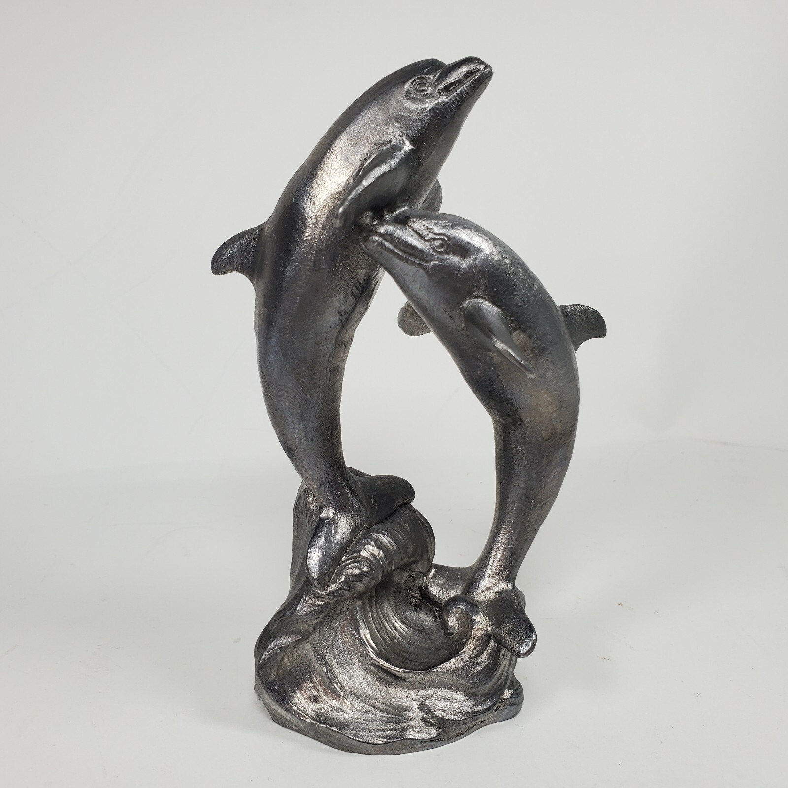 Michael Ricker Pewter Art Figurine Rare Two Dolphin Solid Heavy 5.75" T Signed