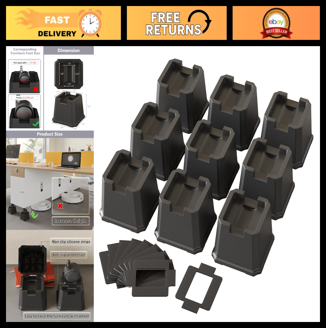 9 Pack Bed Risers 3" - Furniture Elevators for Wheels, Anti-Slip, Stackable, 1,5