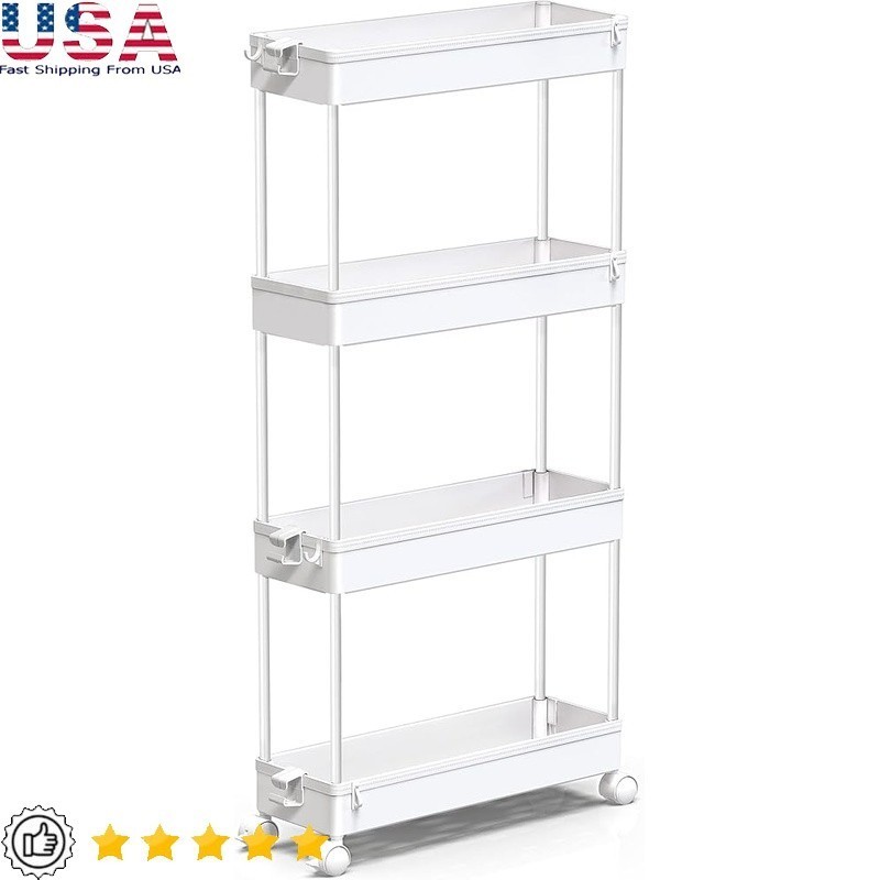 4 Tier Slim Storage Cart Rolling Organizer Adjustable Shelves Easy Glide Wheels