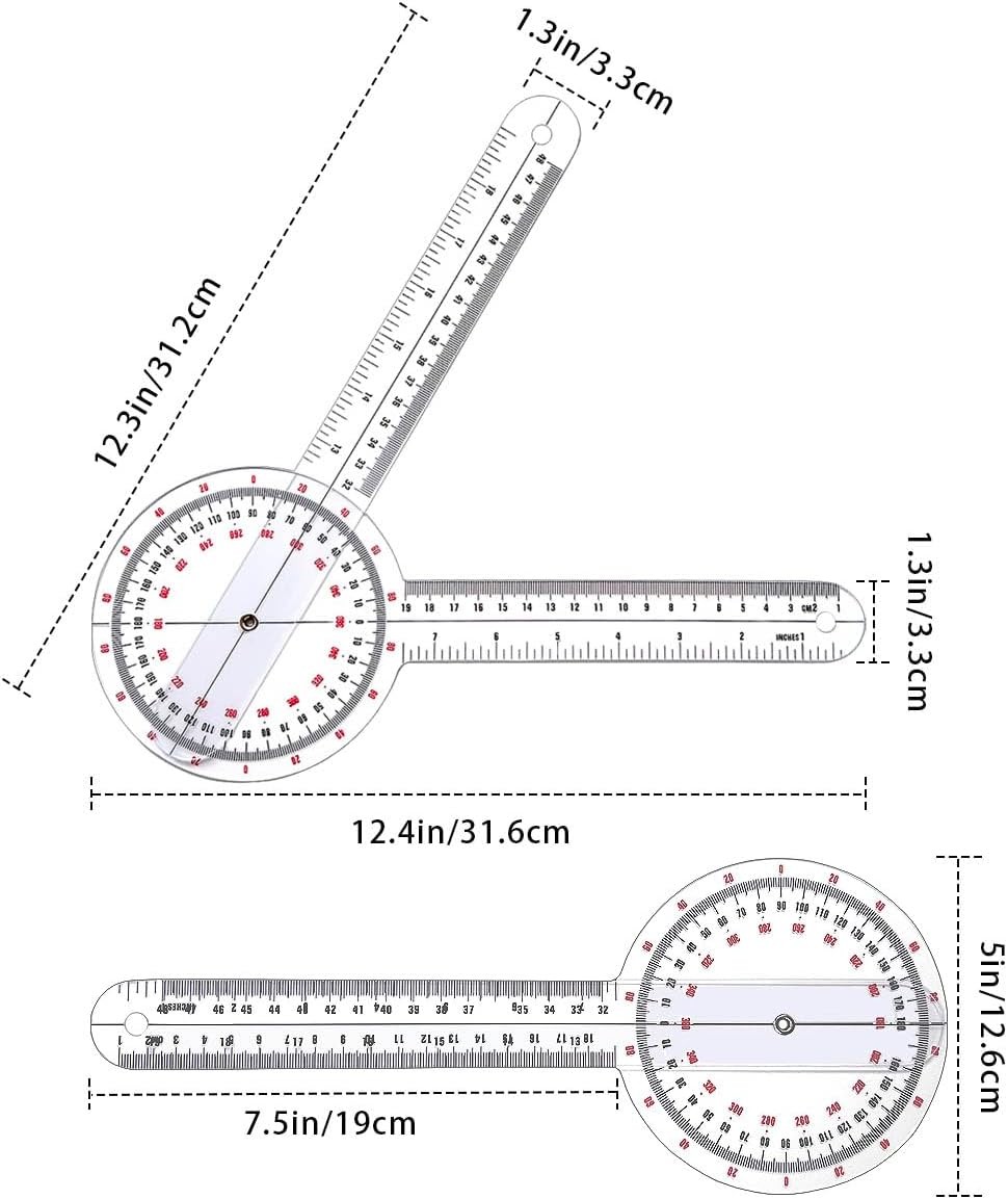 Goniometer 12 inch, Transparent Orthopedic Angle Ruler Plastic Goniometer, 360 D