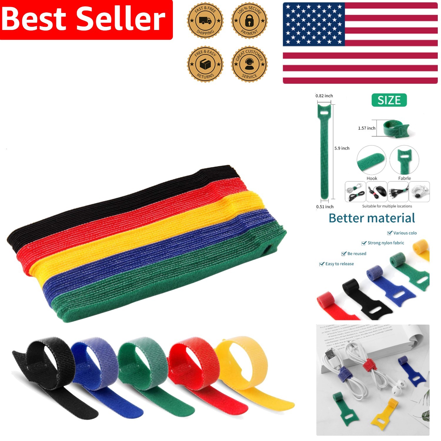 Cable Ties 6 Inch Reusable Hook Loop Fastener Strap Nylon Multicolor 50 Pack ...