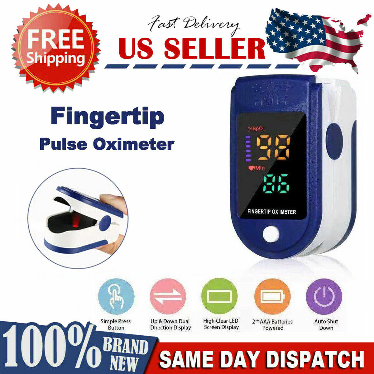 Portable Finger Pulse Oximeter Heart Rate SPO2 Monitor Blood Oxygen LED USA