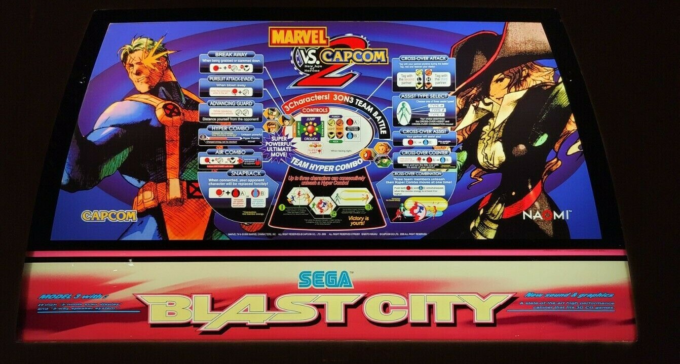 2.0 (BACKLIT) Marvel vs Capcom 2 Marquee Art set for Sega Blast City Naomi Jamma