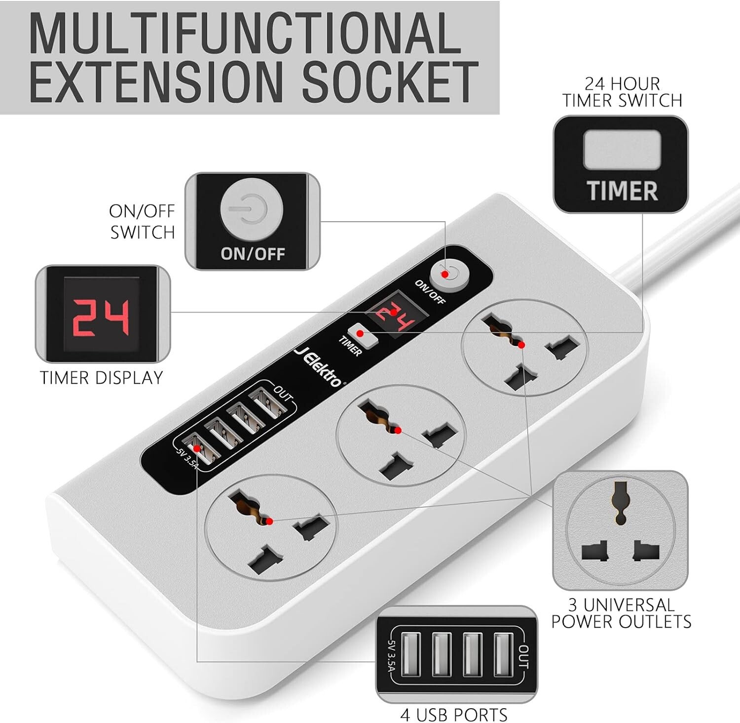 Universal Power Strip, 3 Way Universal Outlets 4 USB, 4.59 FT, 24 hour timer