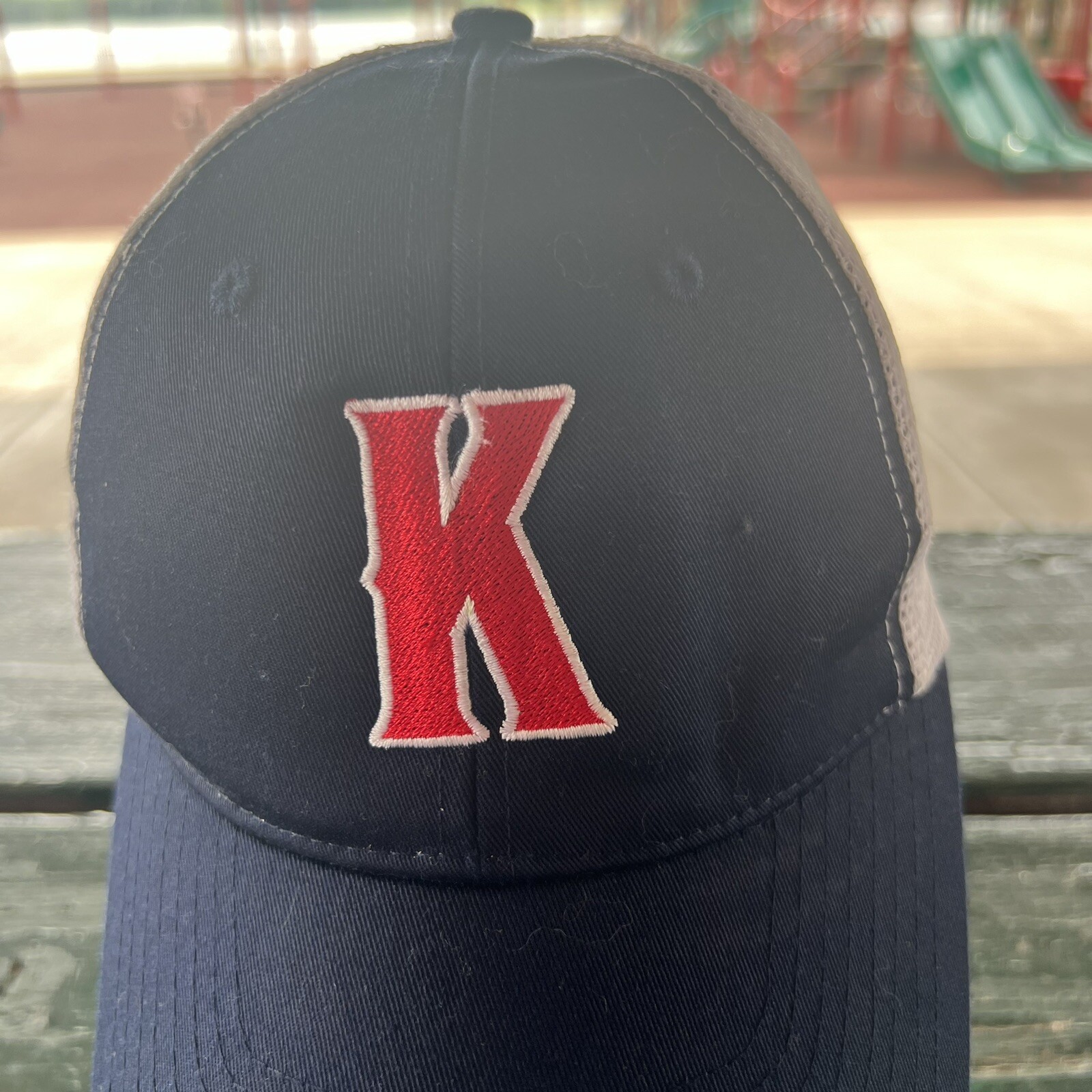 K in Red Front w Miller Lite on Side Trucker Hat Cap Navy W White Mesh Snapback