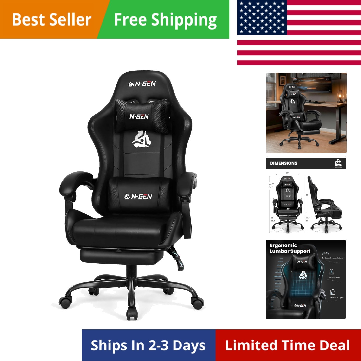 Video Gaming Chair with Footrest Lumbar Support for Home Office High Back Rec...