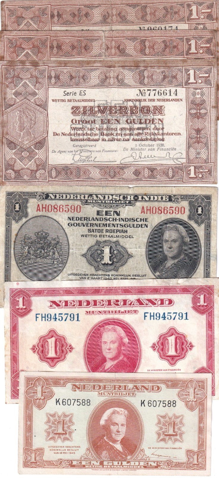 Netherlands 1 Gulden 1920s - 1940s 6 Note Collectors Set FINE - XF