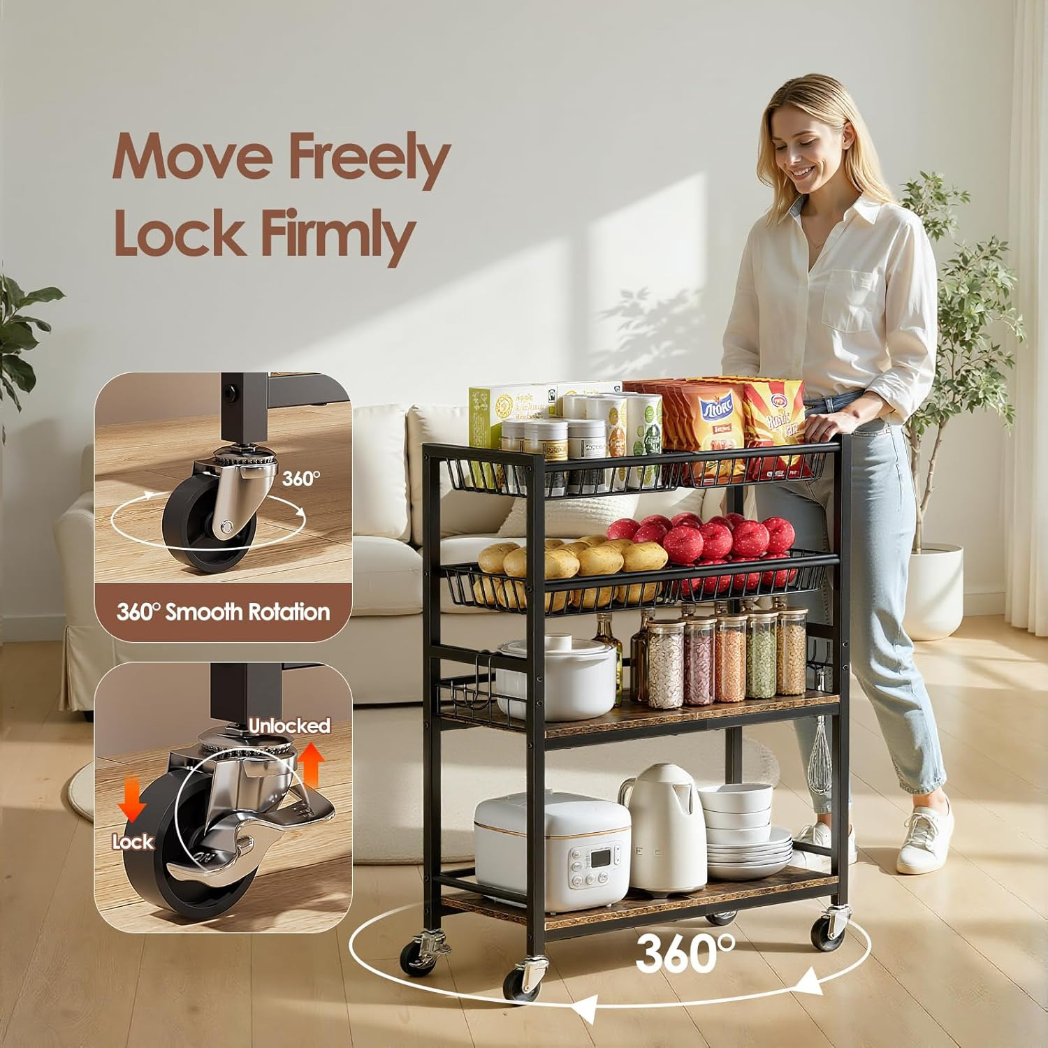 Fruit Vegetable Storage Cart, 4-Tier Rolling Kitchen Storage Cart, Fruit & Veget