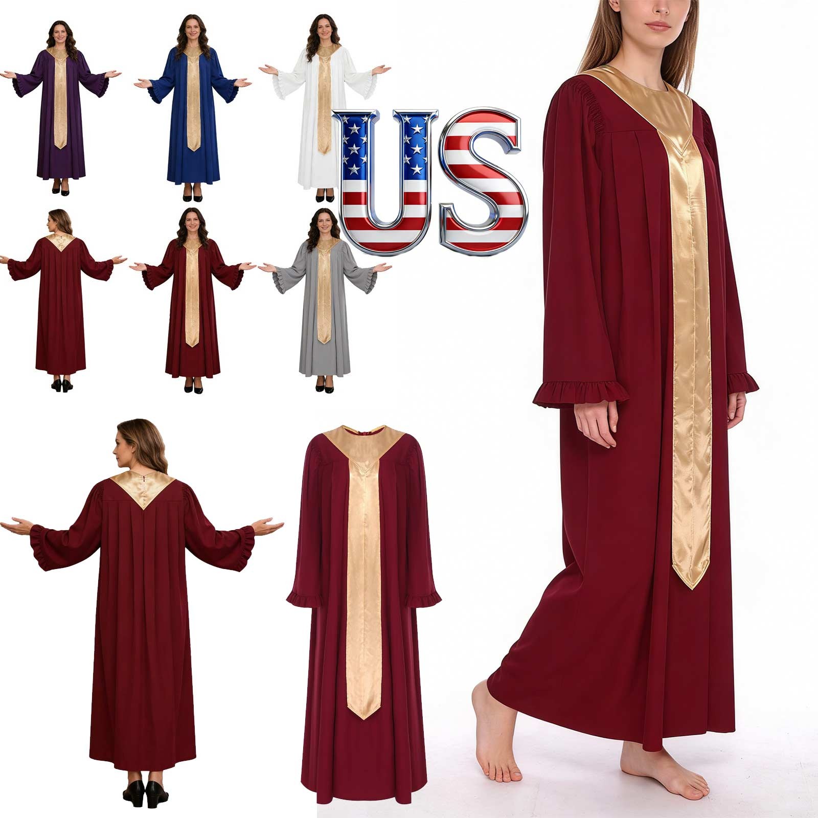 Women Church Clergy Robes Long Sleeve Ruffled Clergy Priest Pastor Preacher Robe