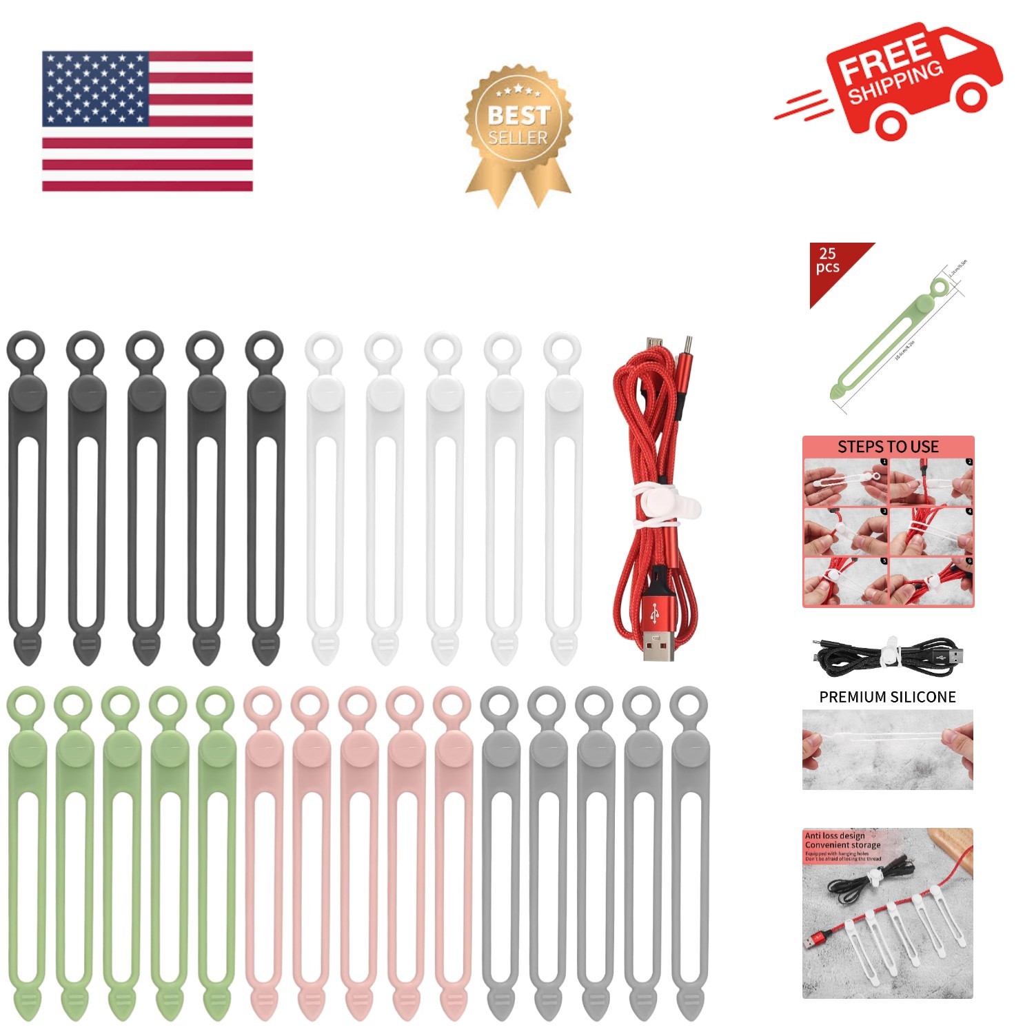 Versatile 25 Pcs Silicone Cable Organizers with Button Closure for Home & Office