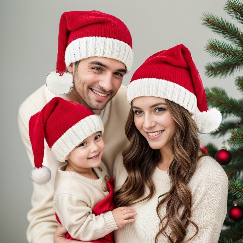Knitted Christmas Hat Adult Kids Soft Beanie Santa Cap Xmas Party Decoration