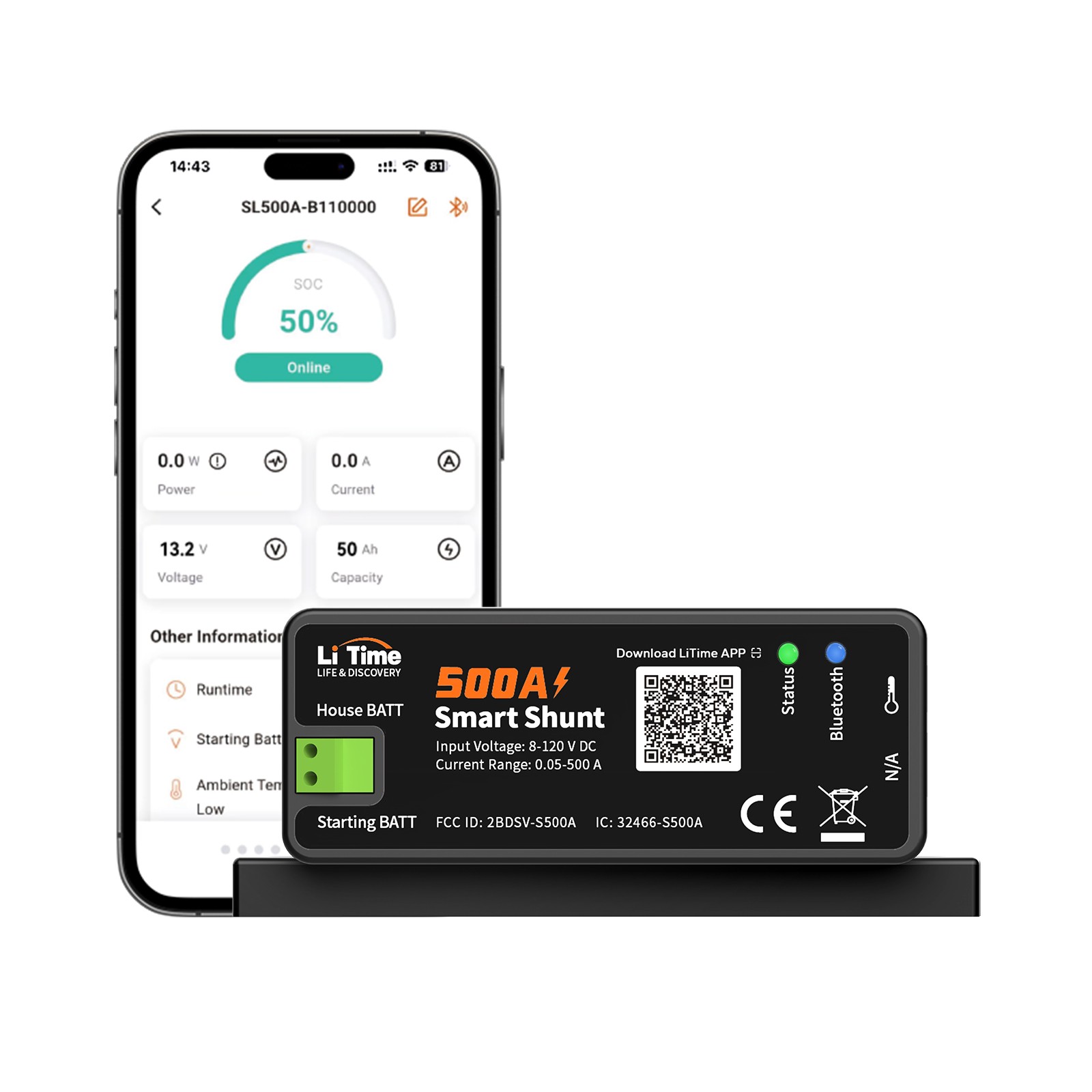 LiTime 500A 8V-120V Battery Monitor Bluetooth Smart Shunt For LFP AGM GEL SLA