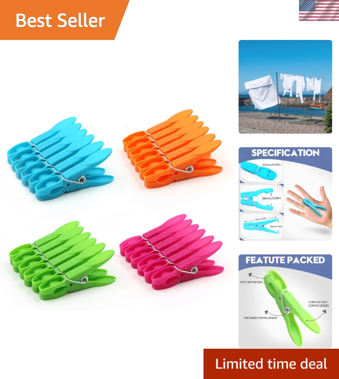 Colorful Plastic Clothespins, Heavy Duty Laundry Clothes Pins Clips with Spri...
