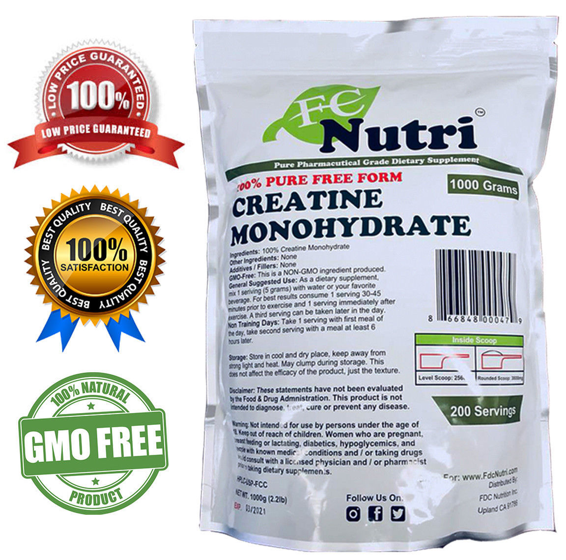 Creatine Monohydrate + Arginine HCL 100% Pure Powder 1000g (2.2 lb) Micronized
