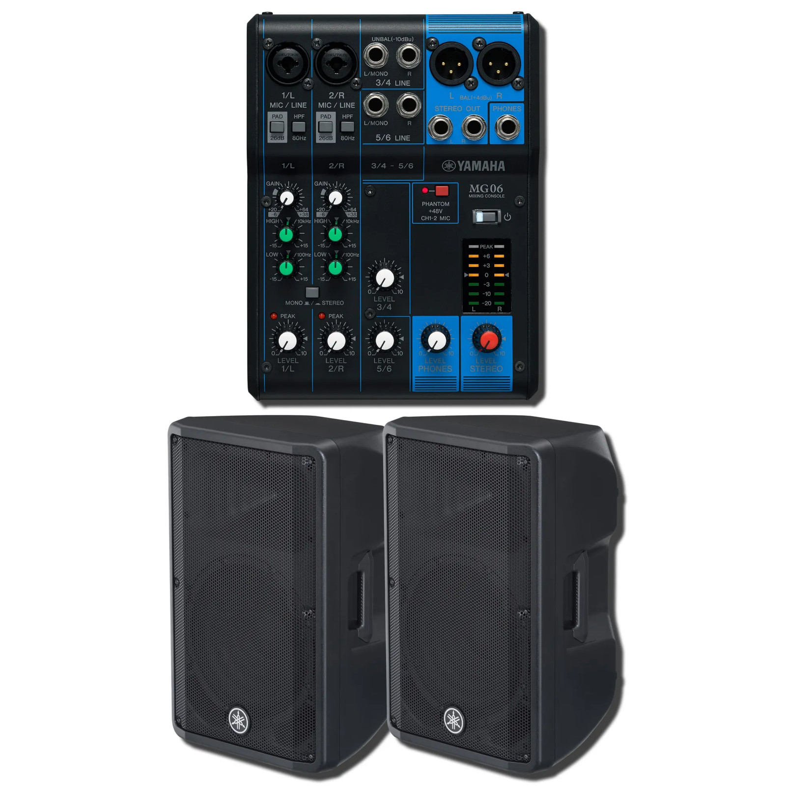 Yamaha DBR12 1000W Powered Speaker Pair w/ MG06 6-Channel Analog Mixer Bundle