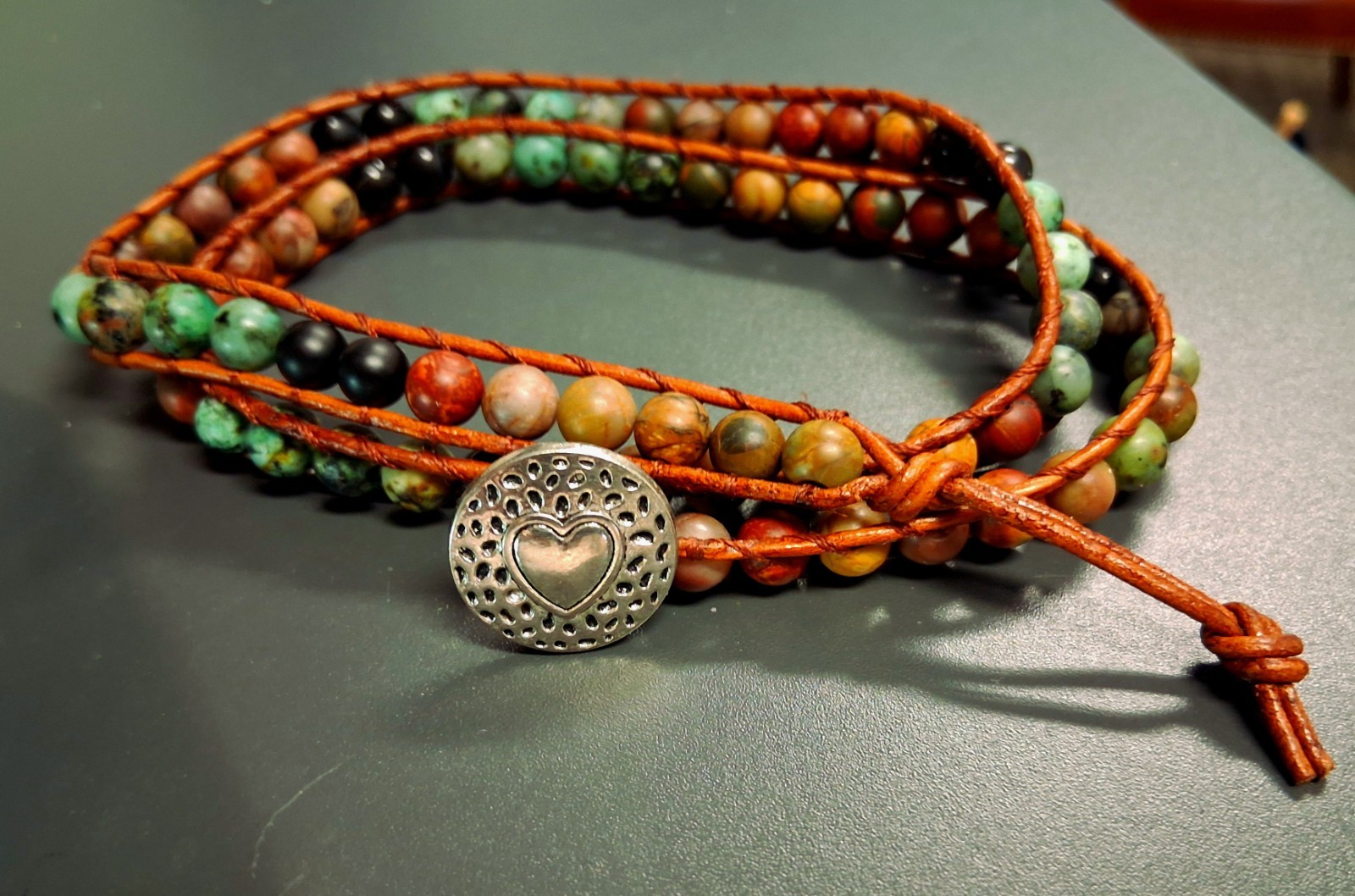 Handmade "LOVE" Bohemian Style Multiwrap Leather Jasper Ingate Bead Bracelet